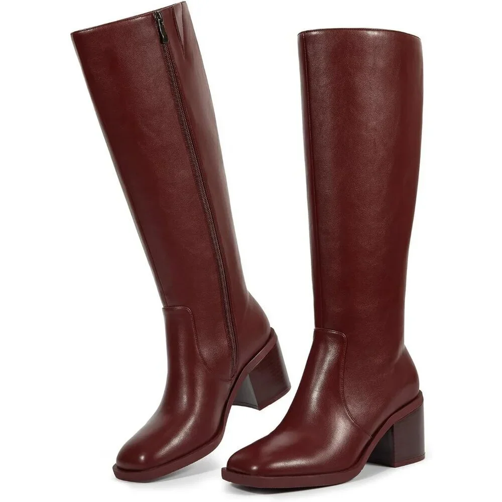 Women Brown Chunky Low Heel Square Toe Elastic Tall Boots Side Zipper PU Lea